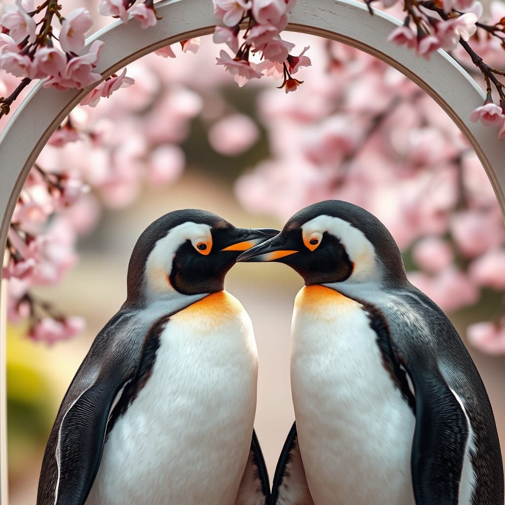 Tuxedo Penguins Under Cherry Blossom Arch