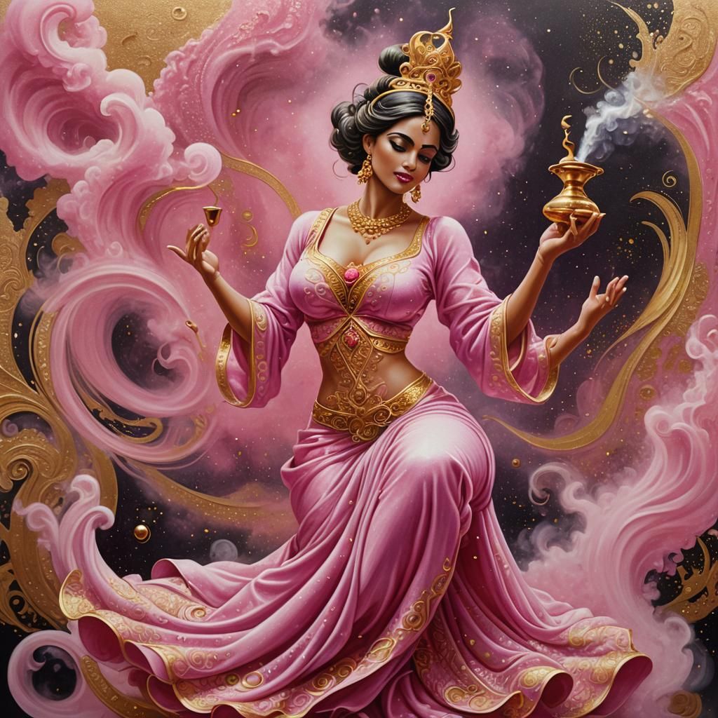 Genie Emerging from Bottle in Pointillist Wave Function Art