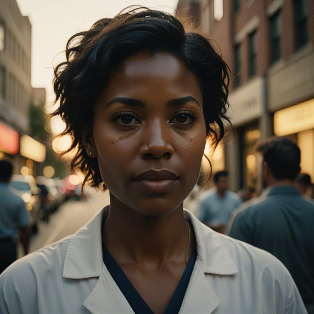 African-American Nurse in Hyperrealistic Film Still