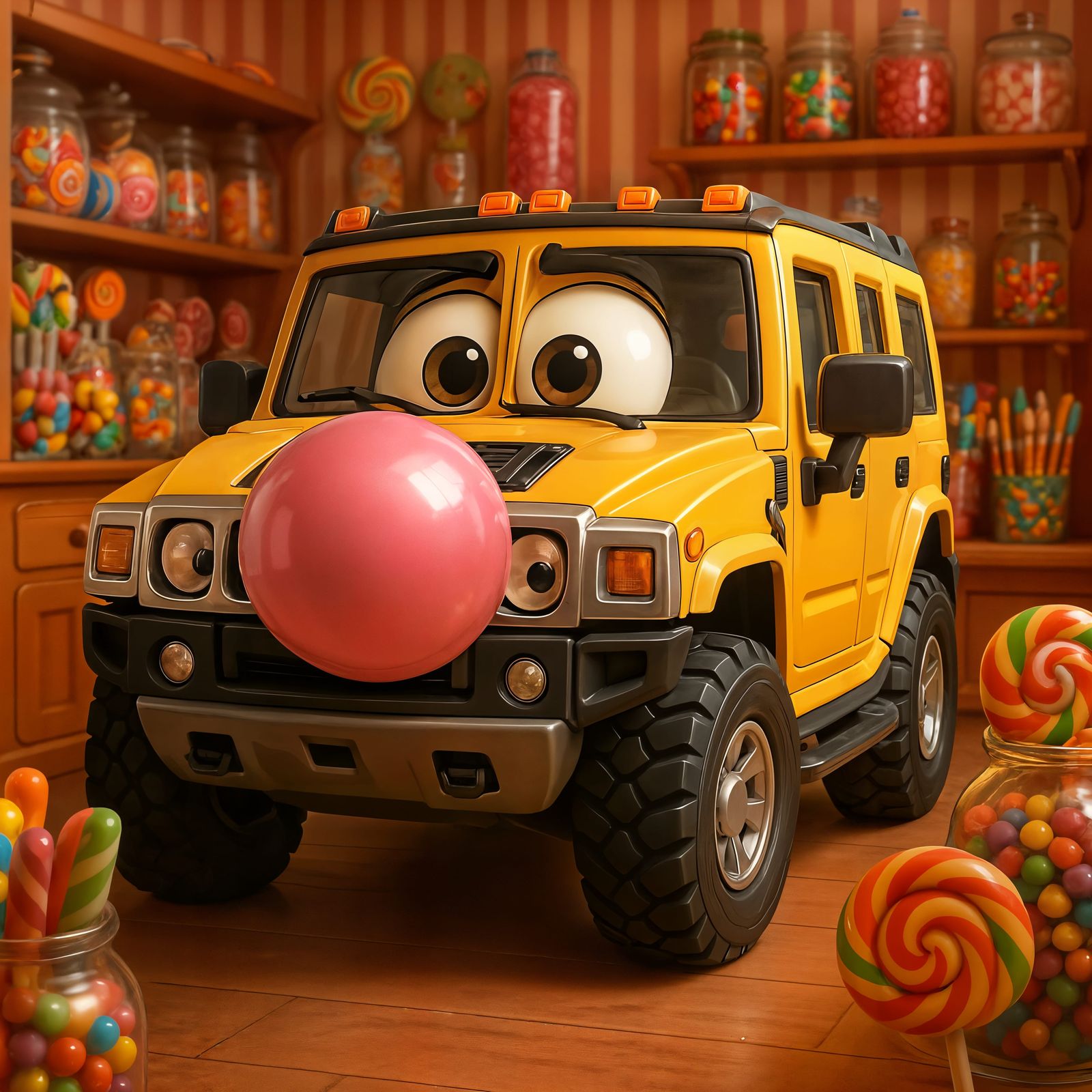 Cartoon Hummer Blowing Bubble in Candy Shop