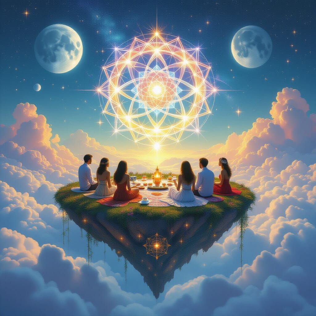 Surreal Tea Party on Floating Island, Psychedelic Art