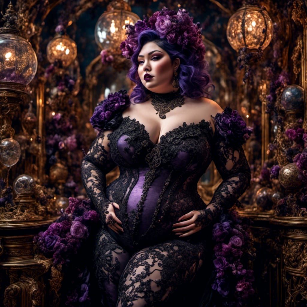 Curvy Woman in Lace Catsuit with Bold Makeup
