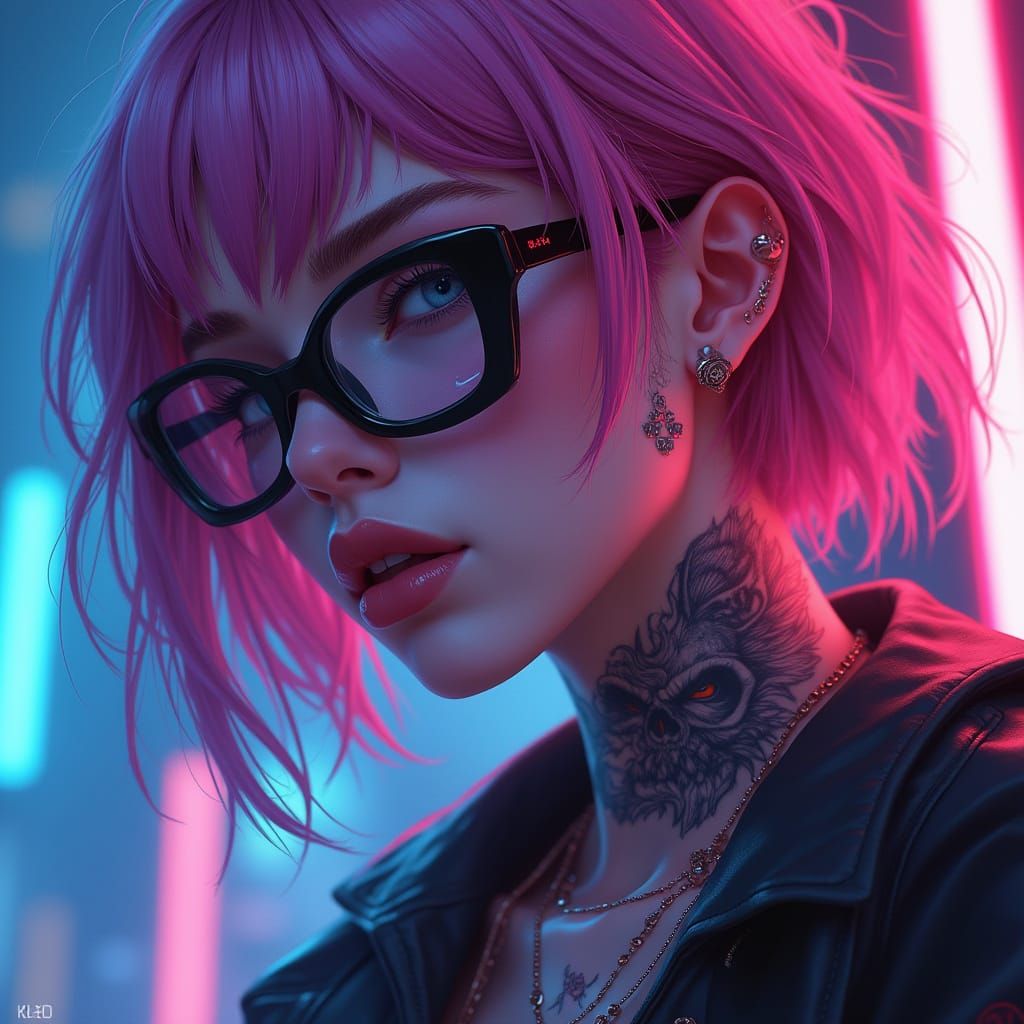 A cyberpunk inspired painterly illustration of a young woman...
