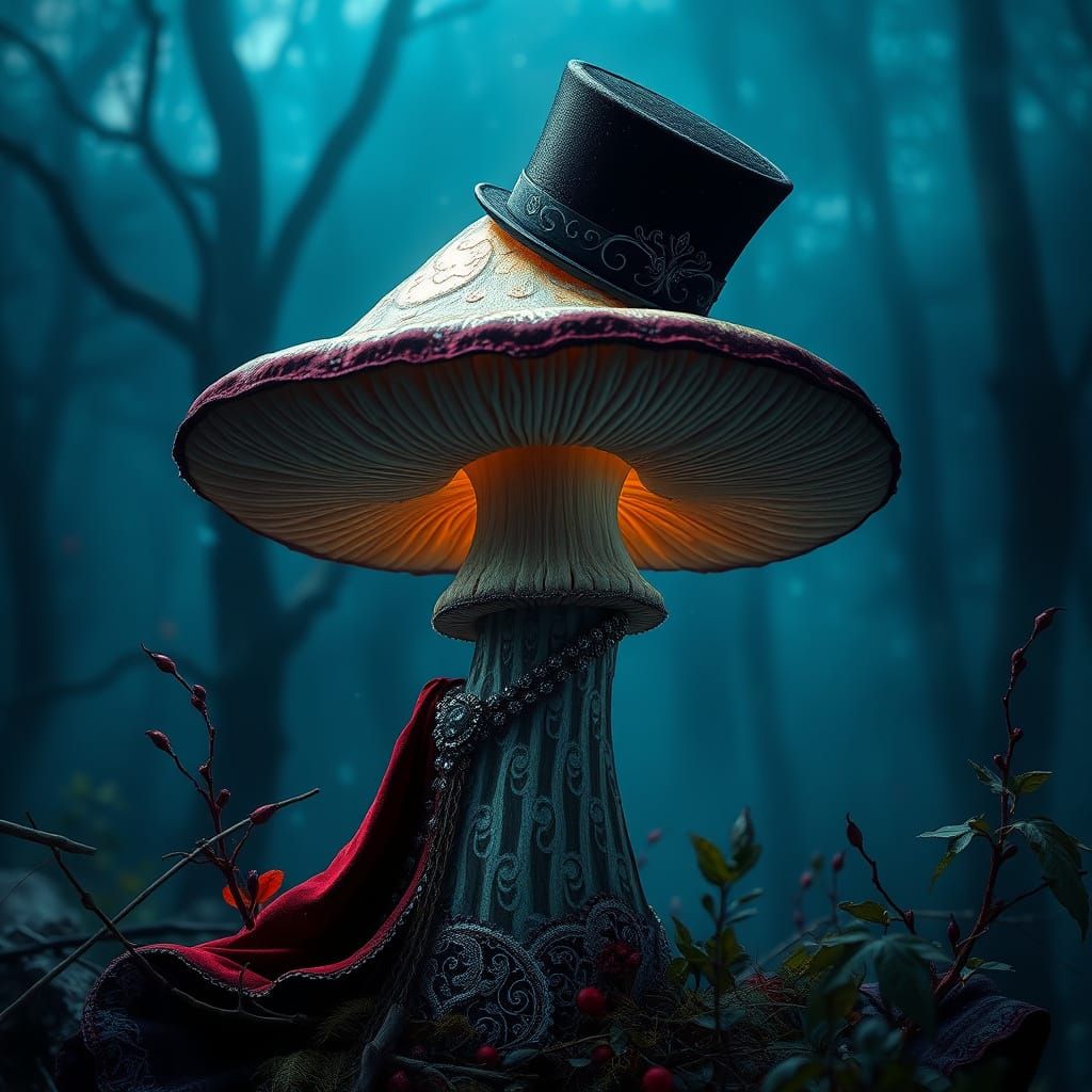 Majestic Mushroom in Gothic Attire Illuminated by Ethereal L...