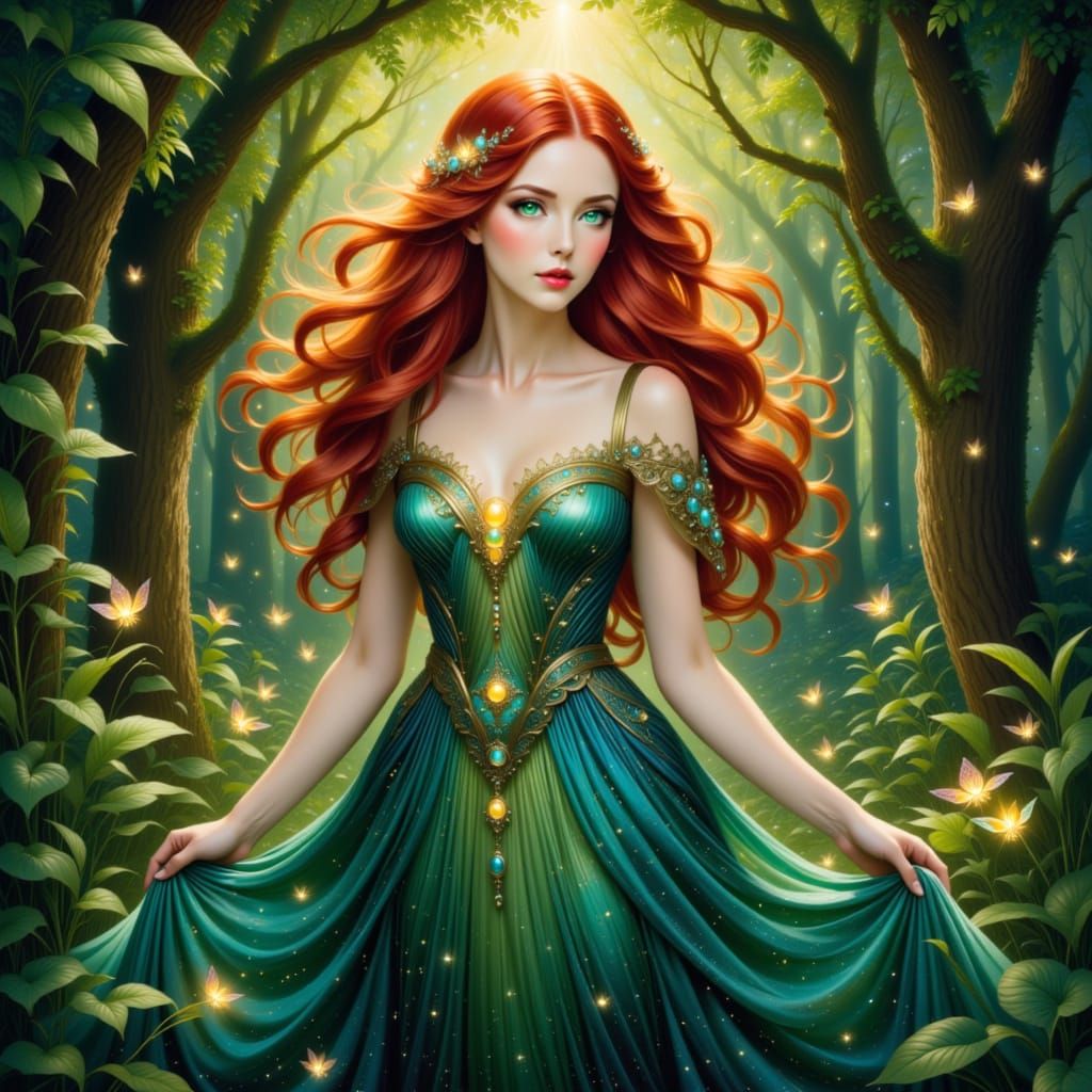 Ethereal Woman in Starlight Gown, Pre-Raphaelite Style