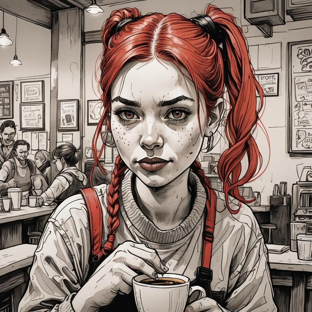 Expressive Caricature of Redhead with Coffee, Pen and Ink