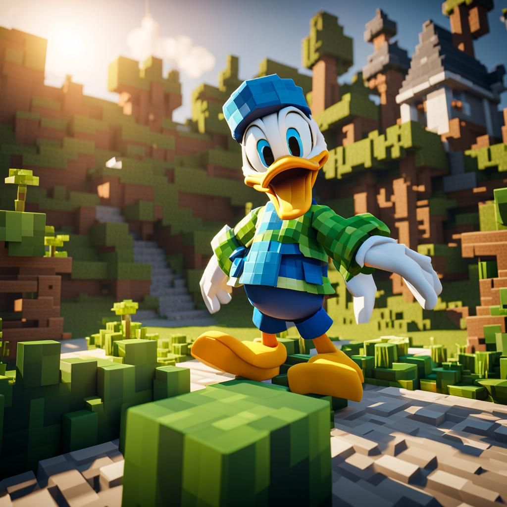 Donald Duck Meets Creeper: 3D Minecraft World