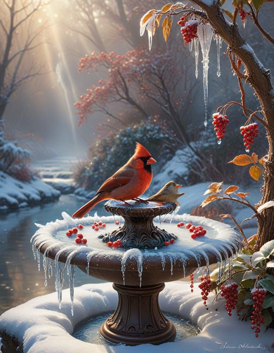 Cardinal Couple Snuggles on Icy Birdbath in Misty Sunlight