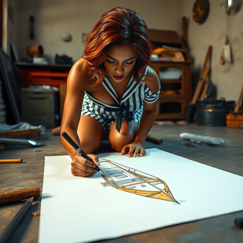 Redhead Sailor Woman Sketching Old Boat