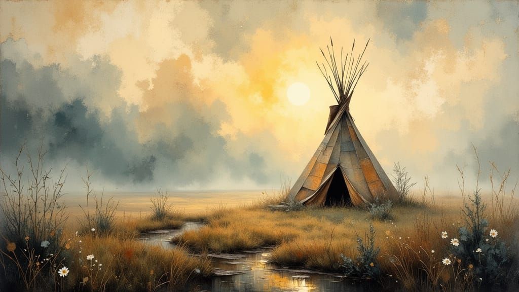 Misty Prairie Teepee at Dawn in Art Nouveau Style
