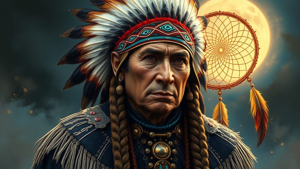 Native American Chieftain in Traditional Attire with Majesti...