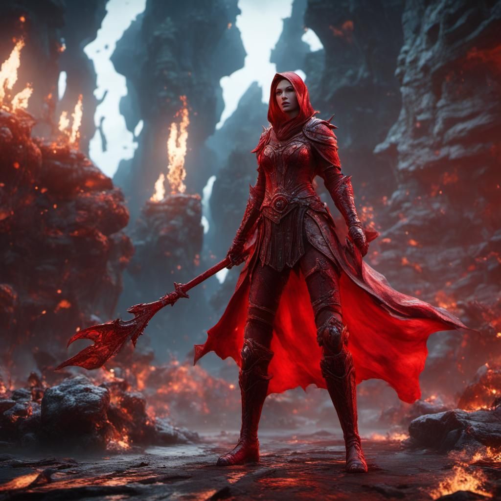 Red Witch Defiant Against Demons in Seascape