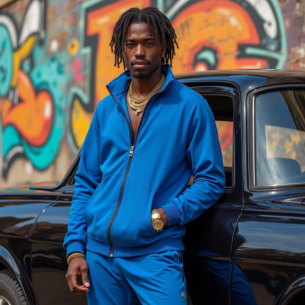 Confident African American Man Stands Next to a Sleek Black ...