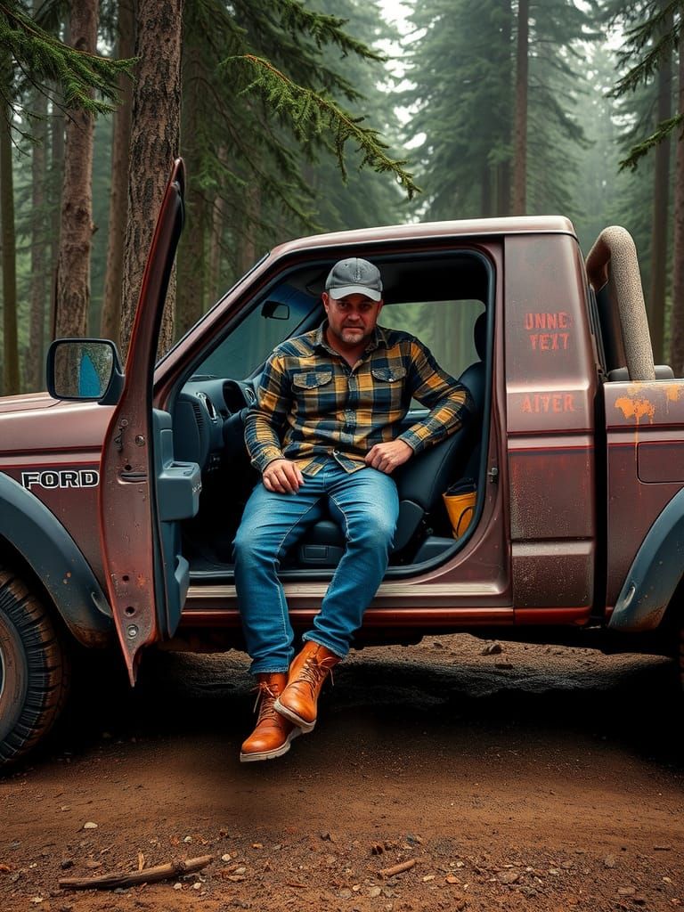 Outdoorsy Man in Ford Ranger, Gritty Realism Style