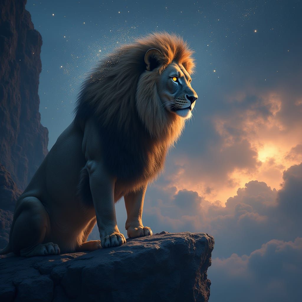 Starlight Lion Overlooking Nebula in Photorealistic Style