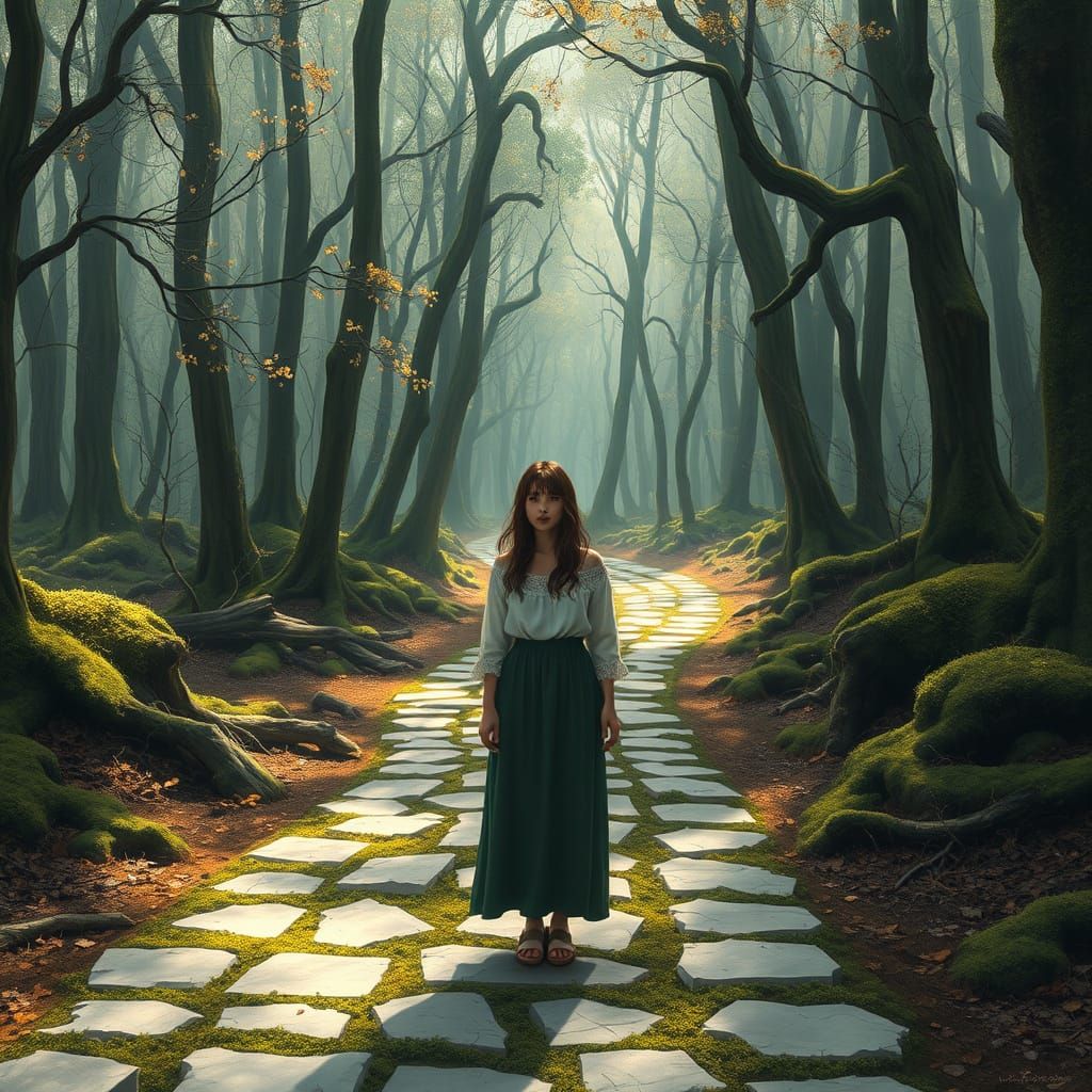 Woman in Mossy Forest: Painterly Anime Style