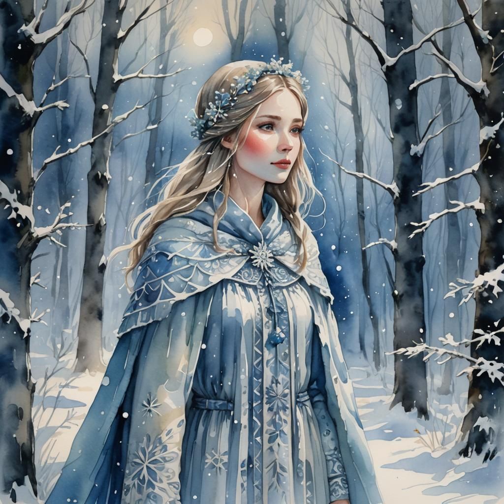Snow Maiden in Winter Forest: Watercolor Painting