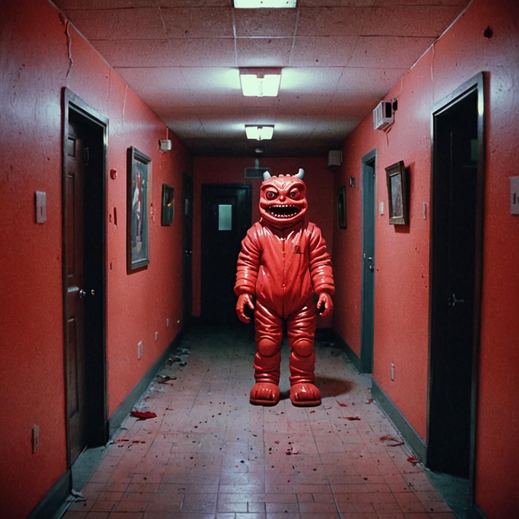 Dreamcore Motel Hallway with Neon and Statues