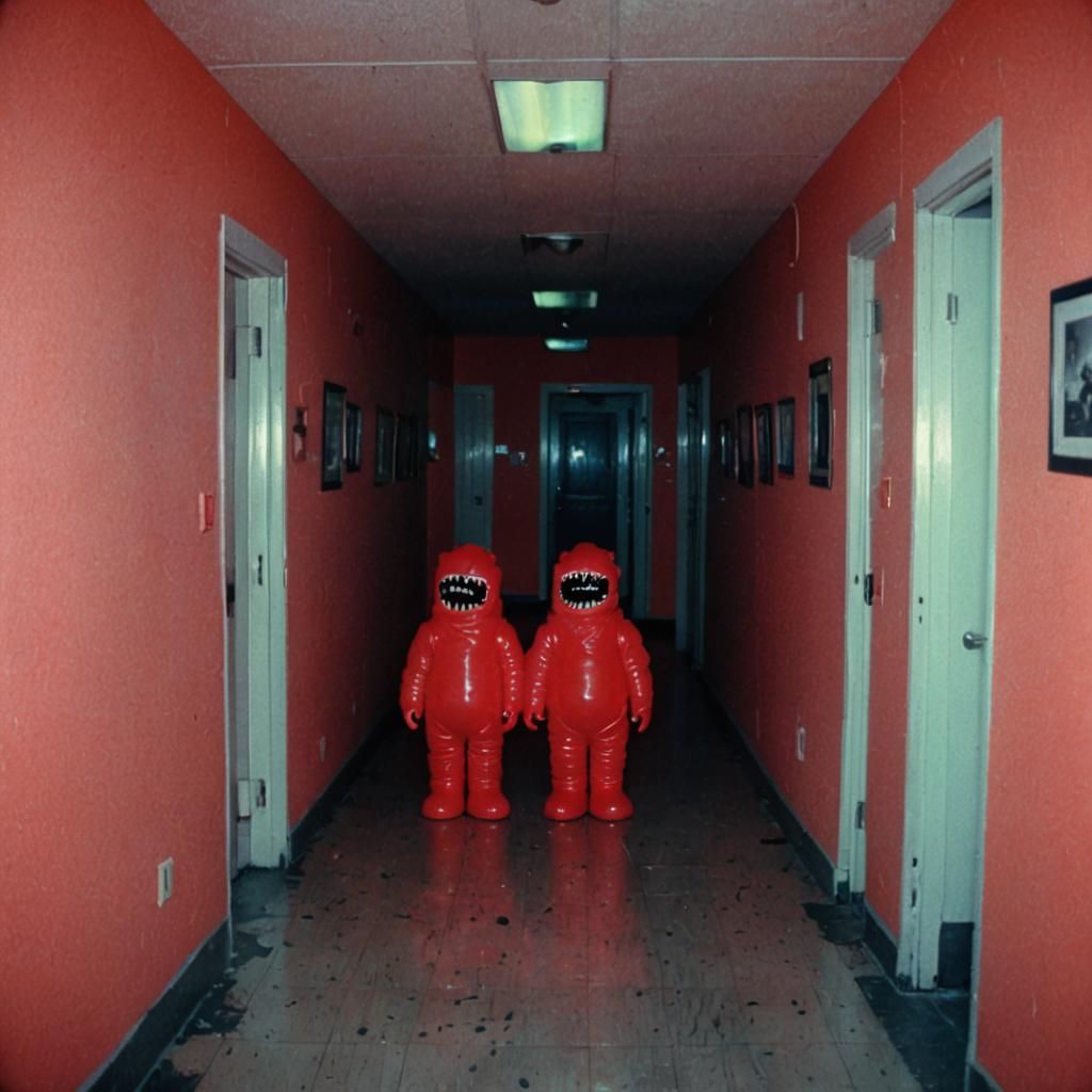 90s Dreamcore Motel Hallway with Monster Statues