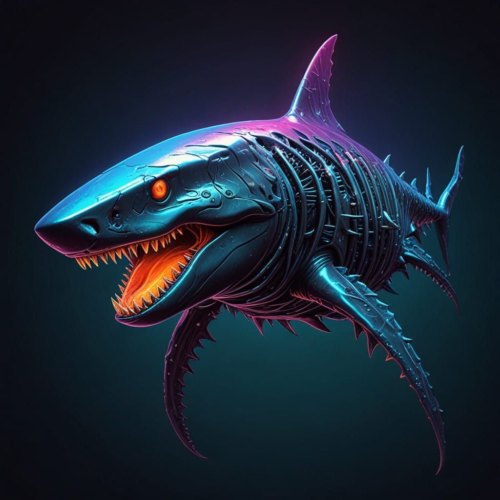 Glowing Alien Shark Creature with Neon Armor and Bioluminesc...