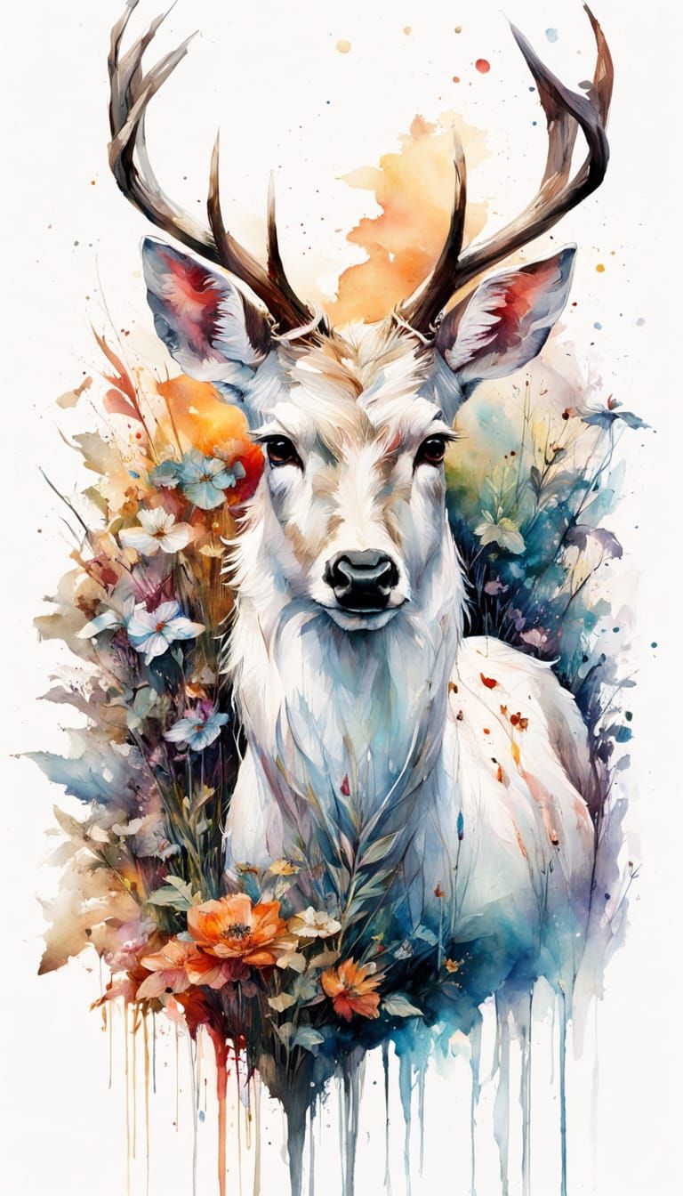 Albino Deer in Rainy Landscape: Digital Watercolor Art