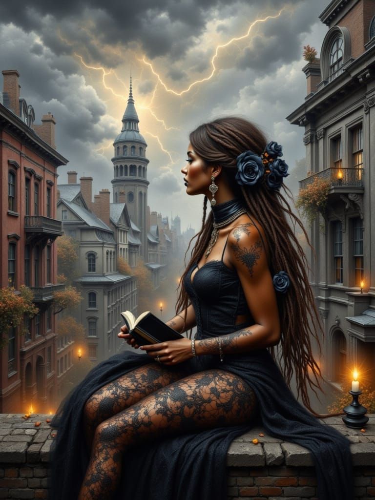 Surreal Oil Painting of Woman Reading on Balcony