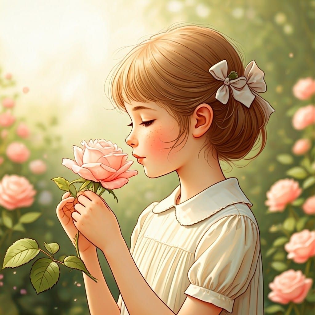 Girl Smelling Rose in Beatrix Potter Style