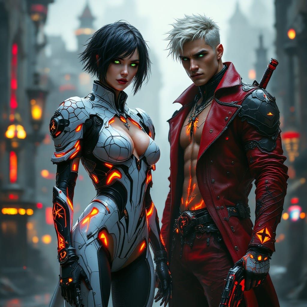 Goth Demon Hunter Lady in High-Fantasy Cityscape