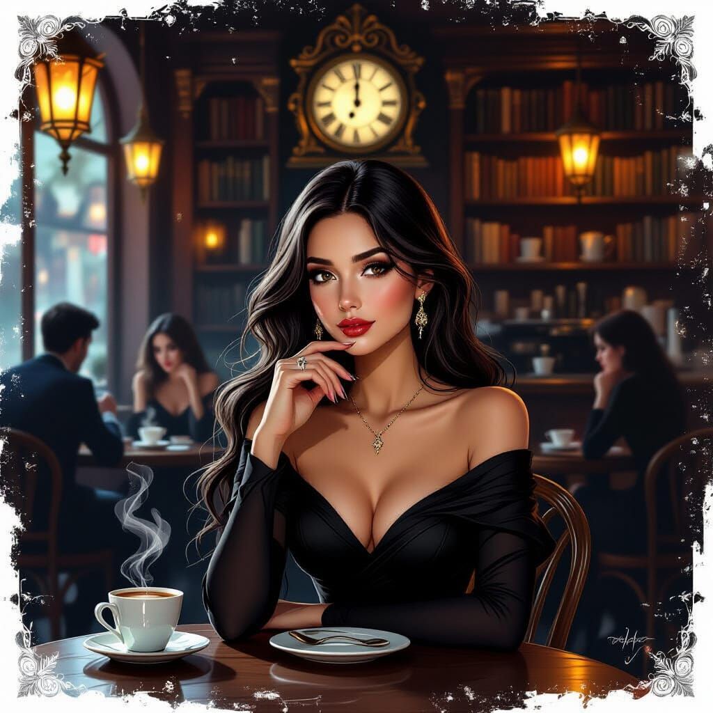 a cozy, dreamlike cafe scene, centered on a woman with long ...