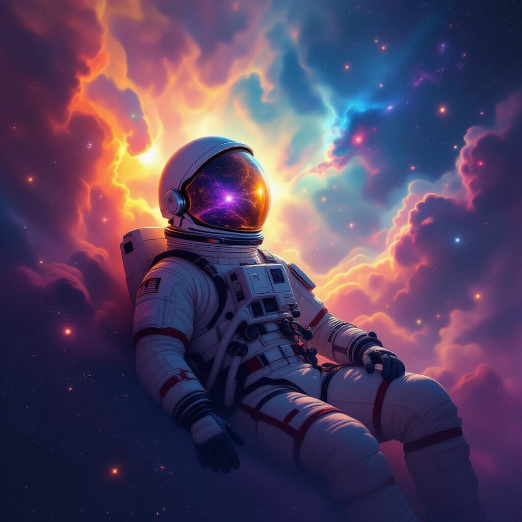 Astronaut Adrift in Nebula, Visor Reflects Cosmic Stars