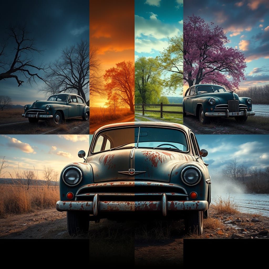 Rusty Car in Vibrant Seasonal Landscapes, in Hyperrealistic ...