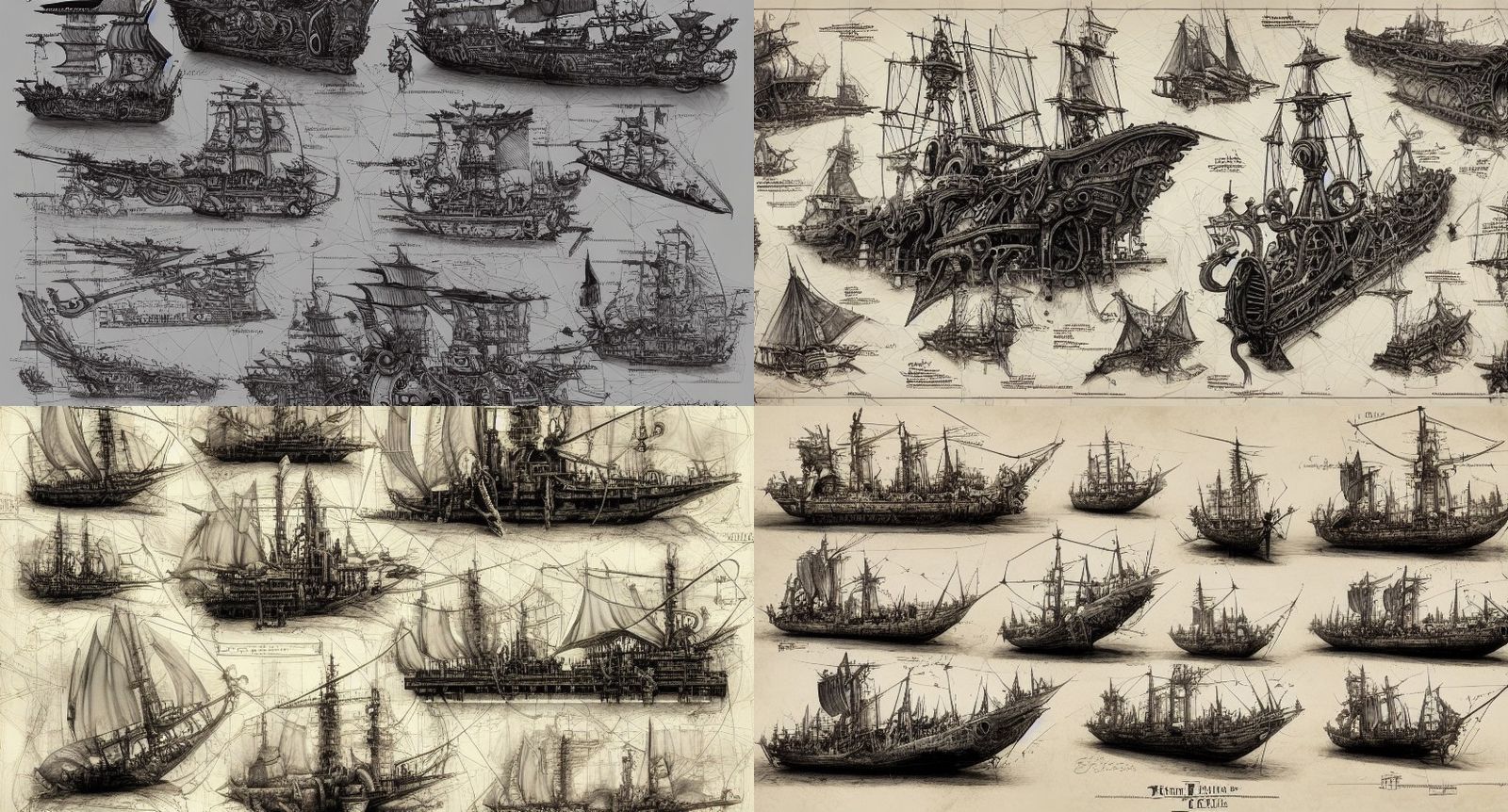 Flying Dutchman Ship Concept Design in Blueprint Style