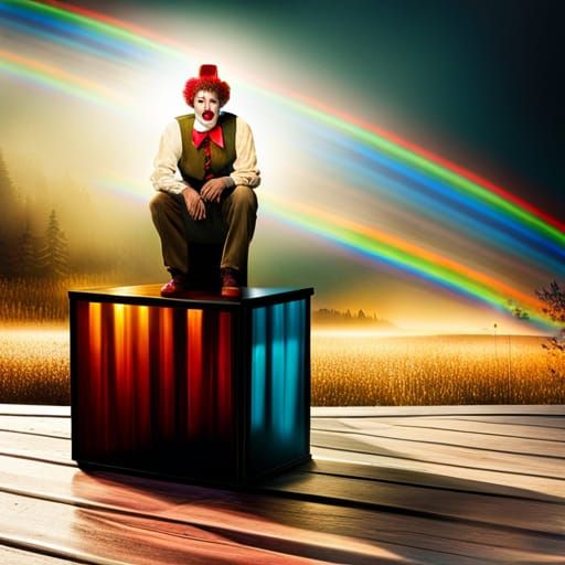 Despondent Clown Under Streetlight: Rainbow Crystal Art