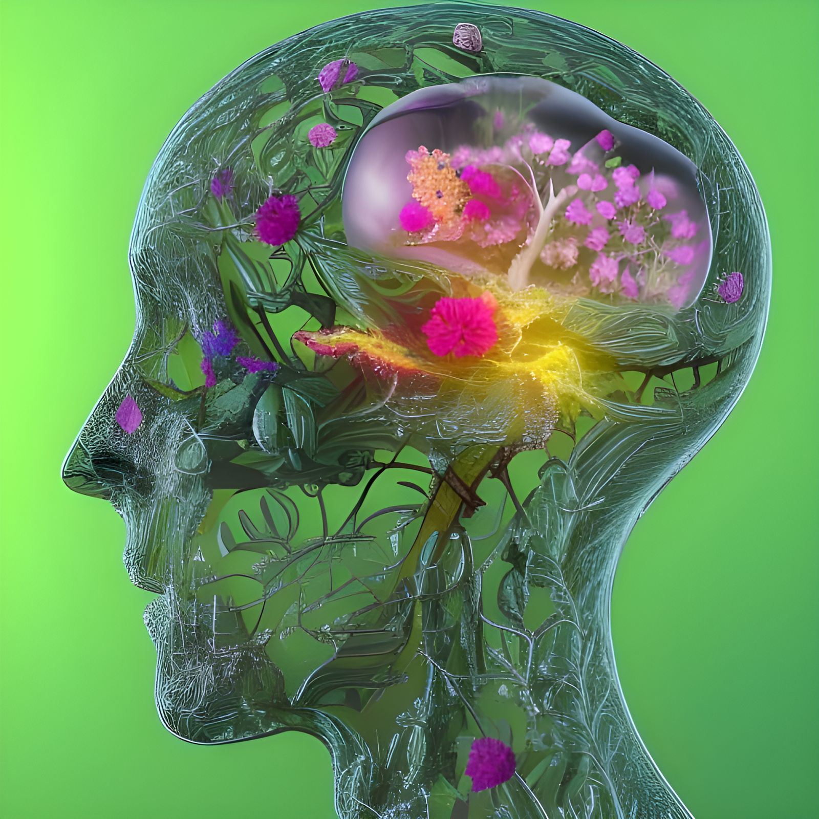 Floral Brain: Greenery and Flowers in Glass Skull