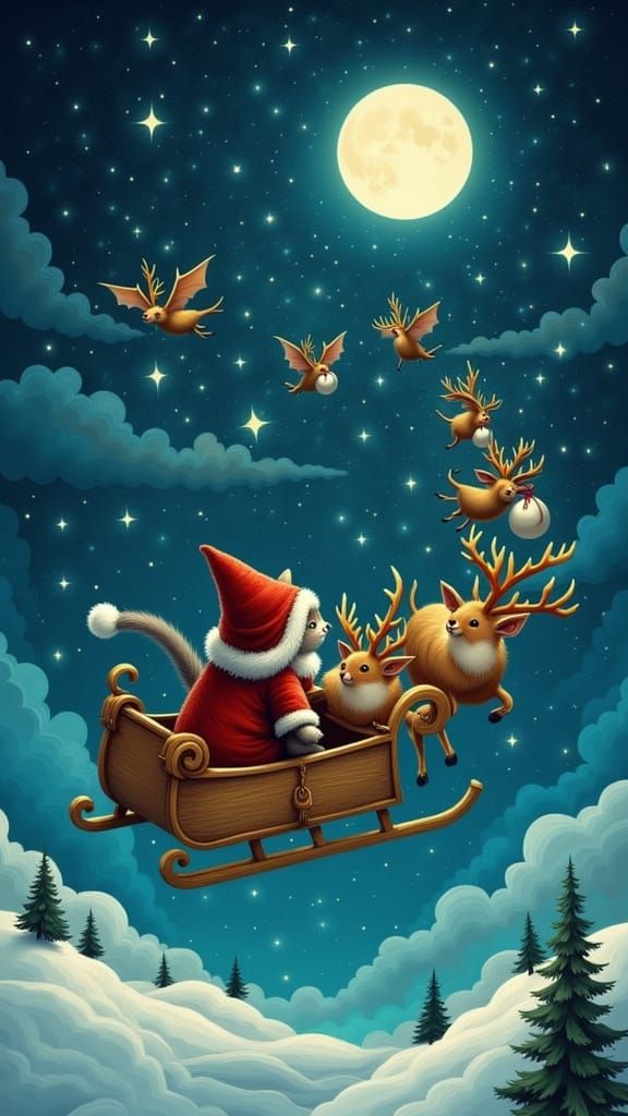 Santa Claws Cat and Reindeer-Bats Fly in Whimsical Art Style