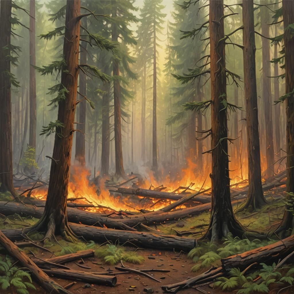Forest Fire Landscape Painting in Impressionist Style