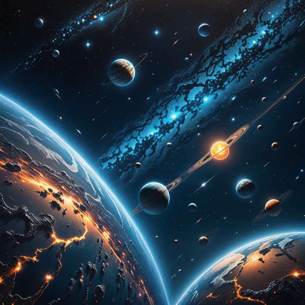 Vibrant Celestial Landscape with a Million Earths in Space