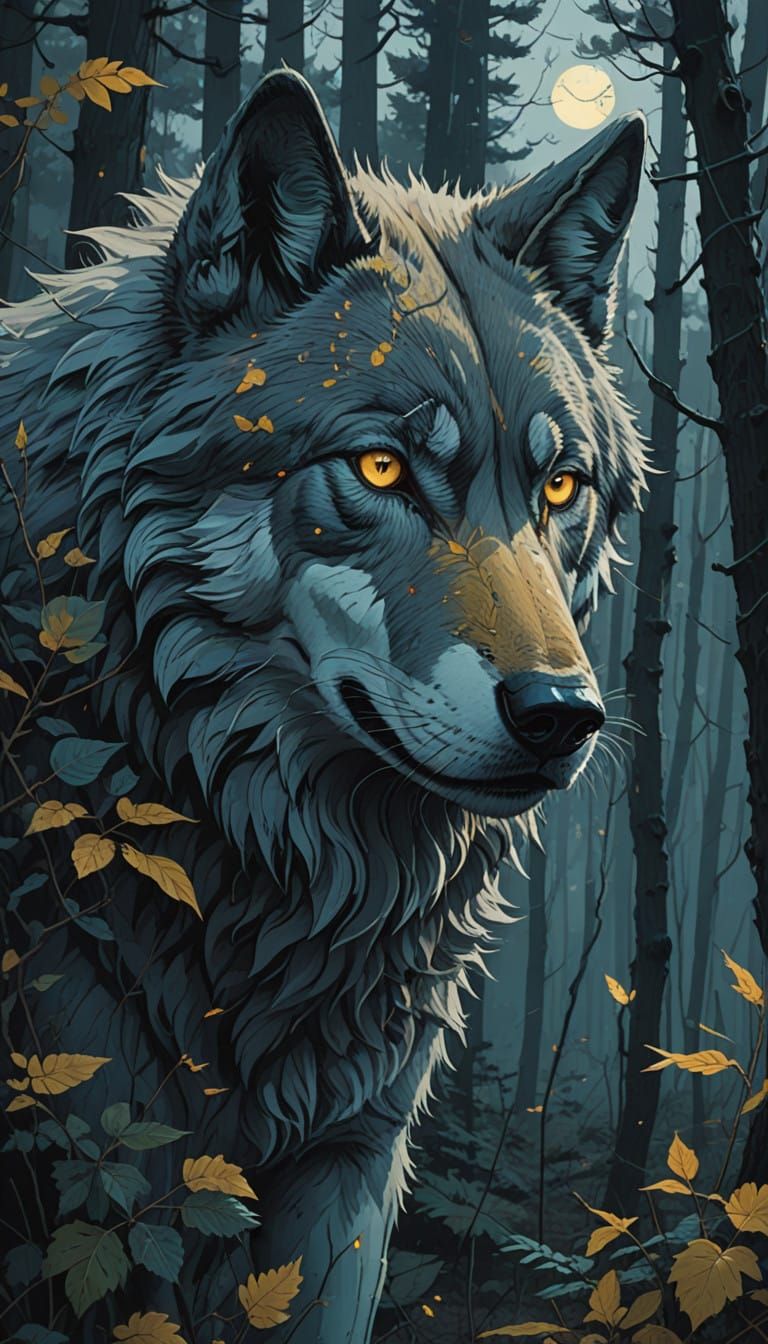 face d'un beau loup et forêt e lune