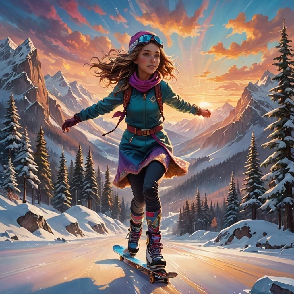 Girl Skating in Mountains: Detailed Matte Painting