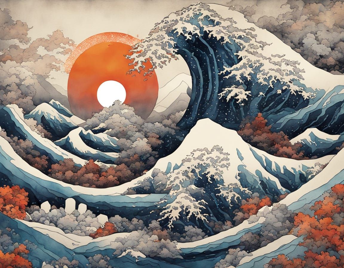 Stormy Night Watercolor Painting in East Asian Block Print S...