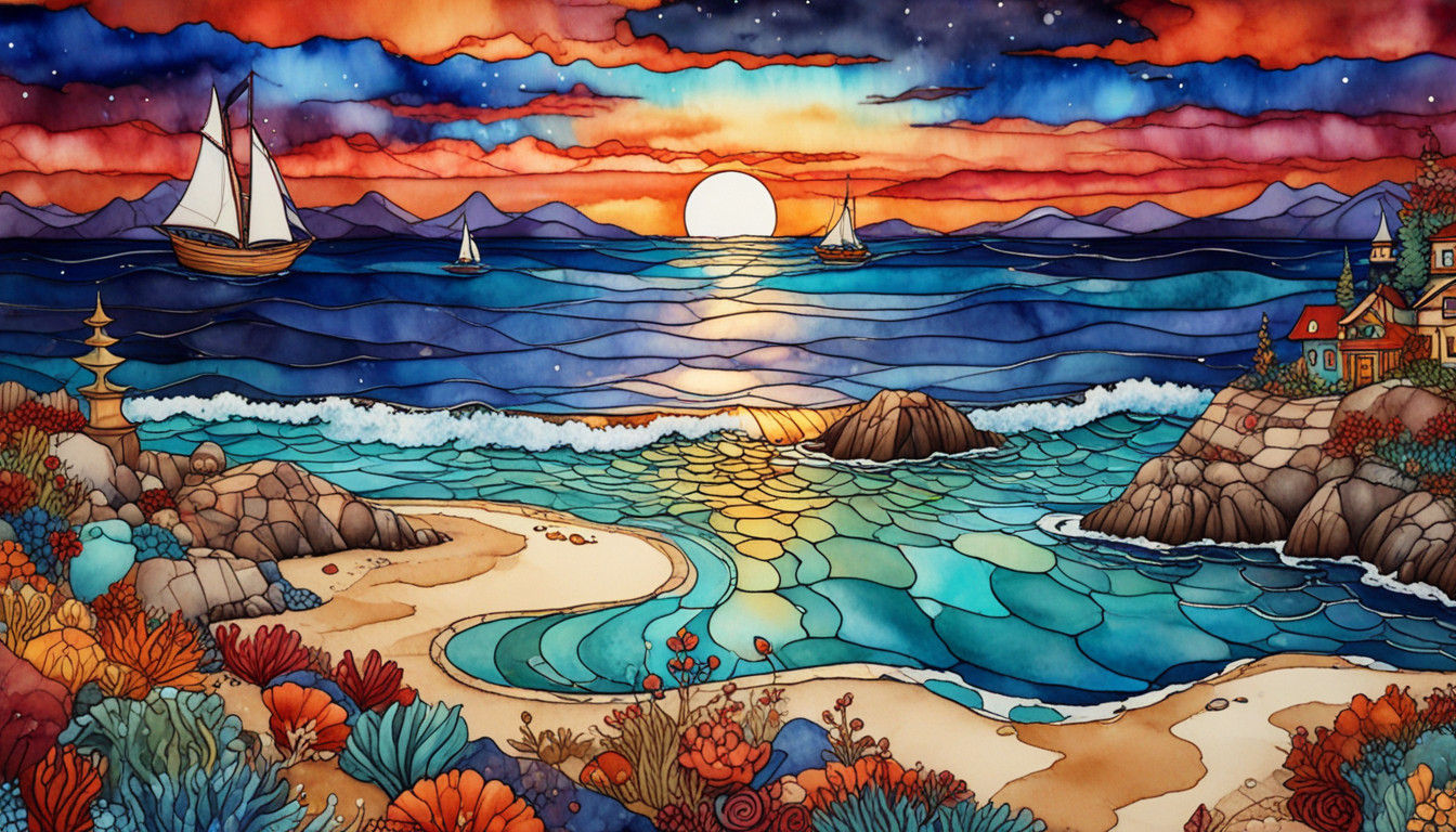 Surreal Orangered Sunset Scene with Mermaid and Ship in Impa...