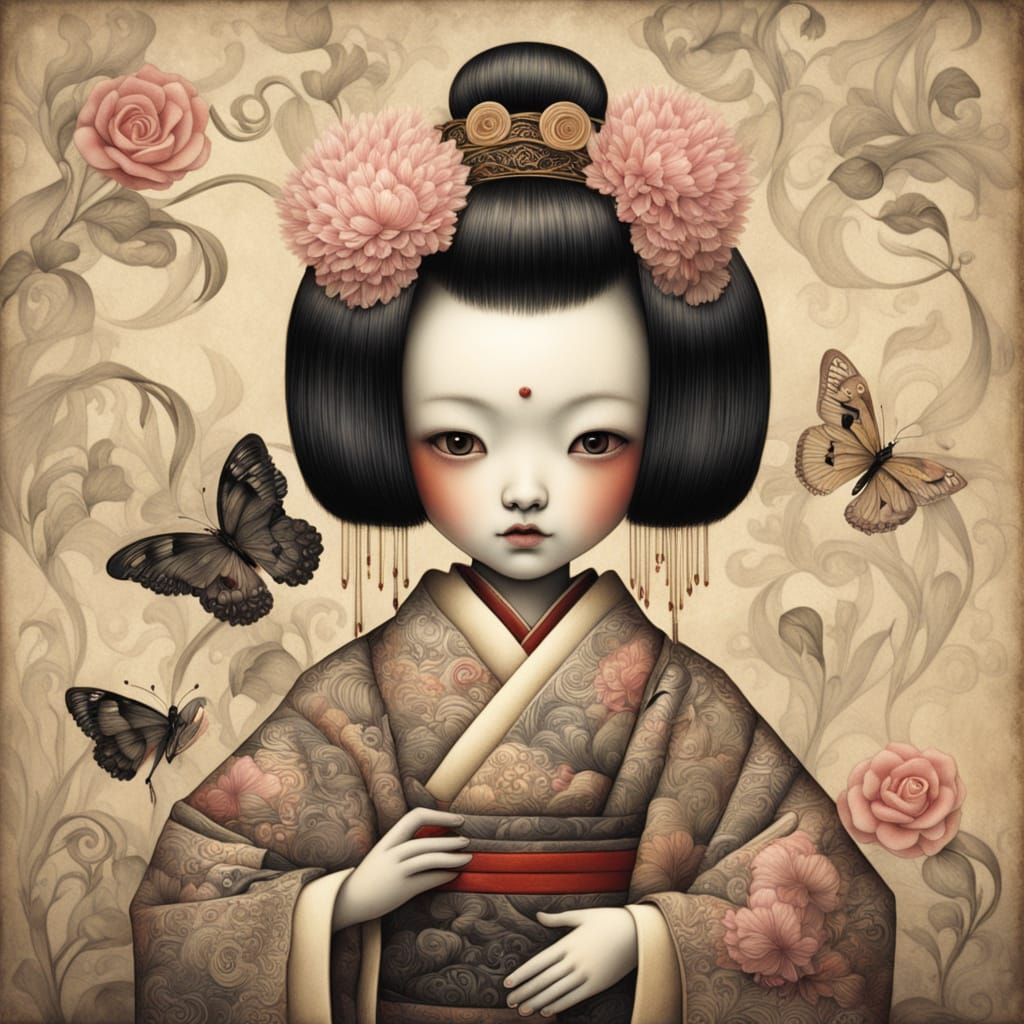 Geisha and Shih Tzu in Japanese Ink Painting Style