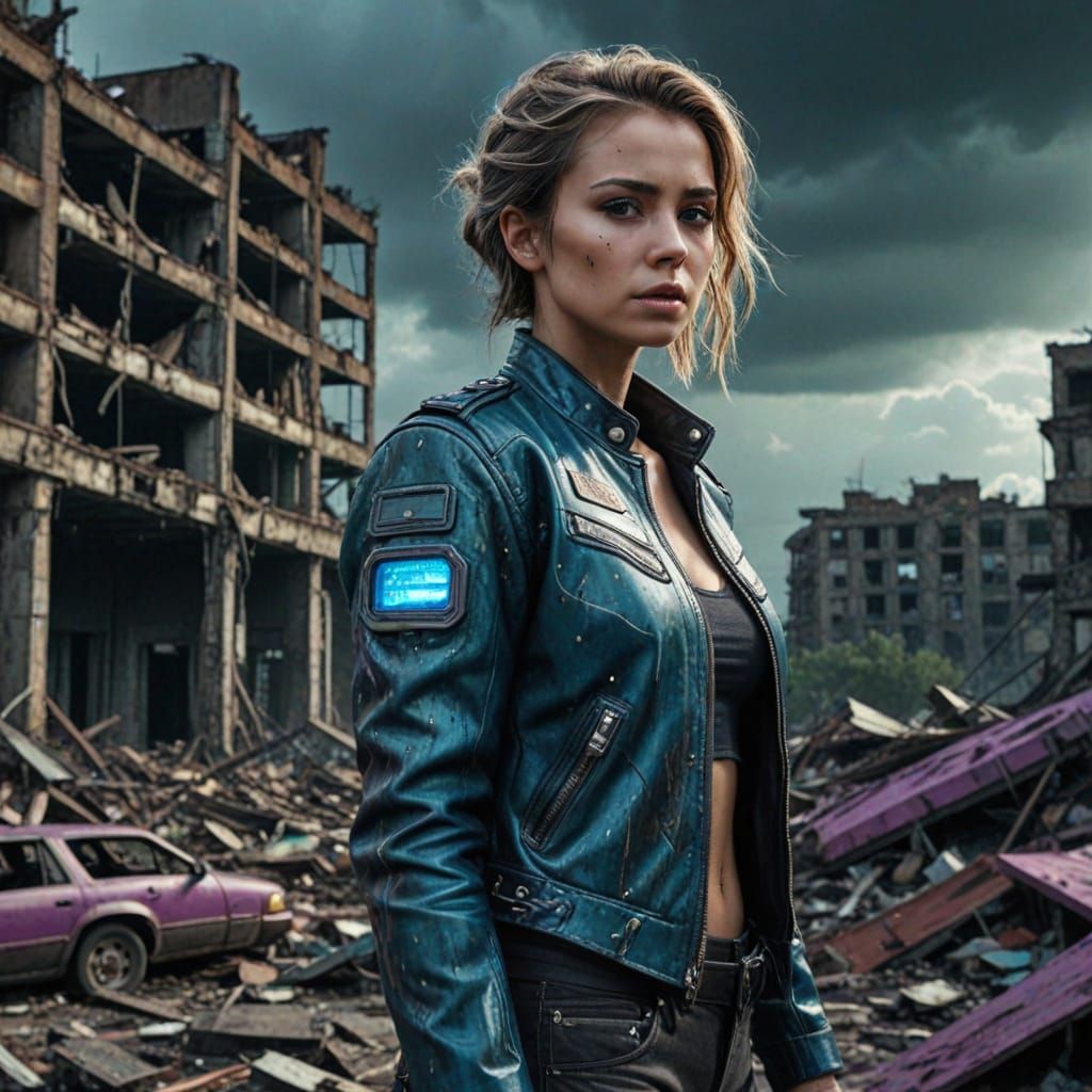 Nuclear Lady in Apocalyptic Cityscape: Cyberpunk Digital Art