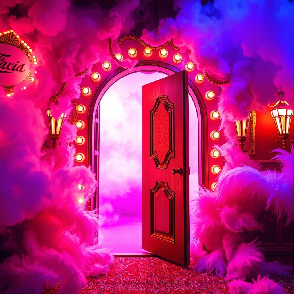 Open Door Amidst Vegas Neon Circus Dreamscape
