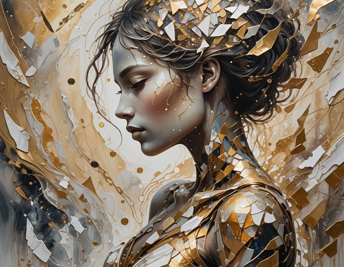 Abstract Silhouette Dissolving into Cosmos: Ethereal Oil Pai...