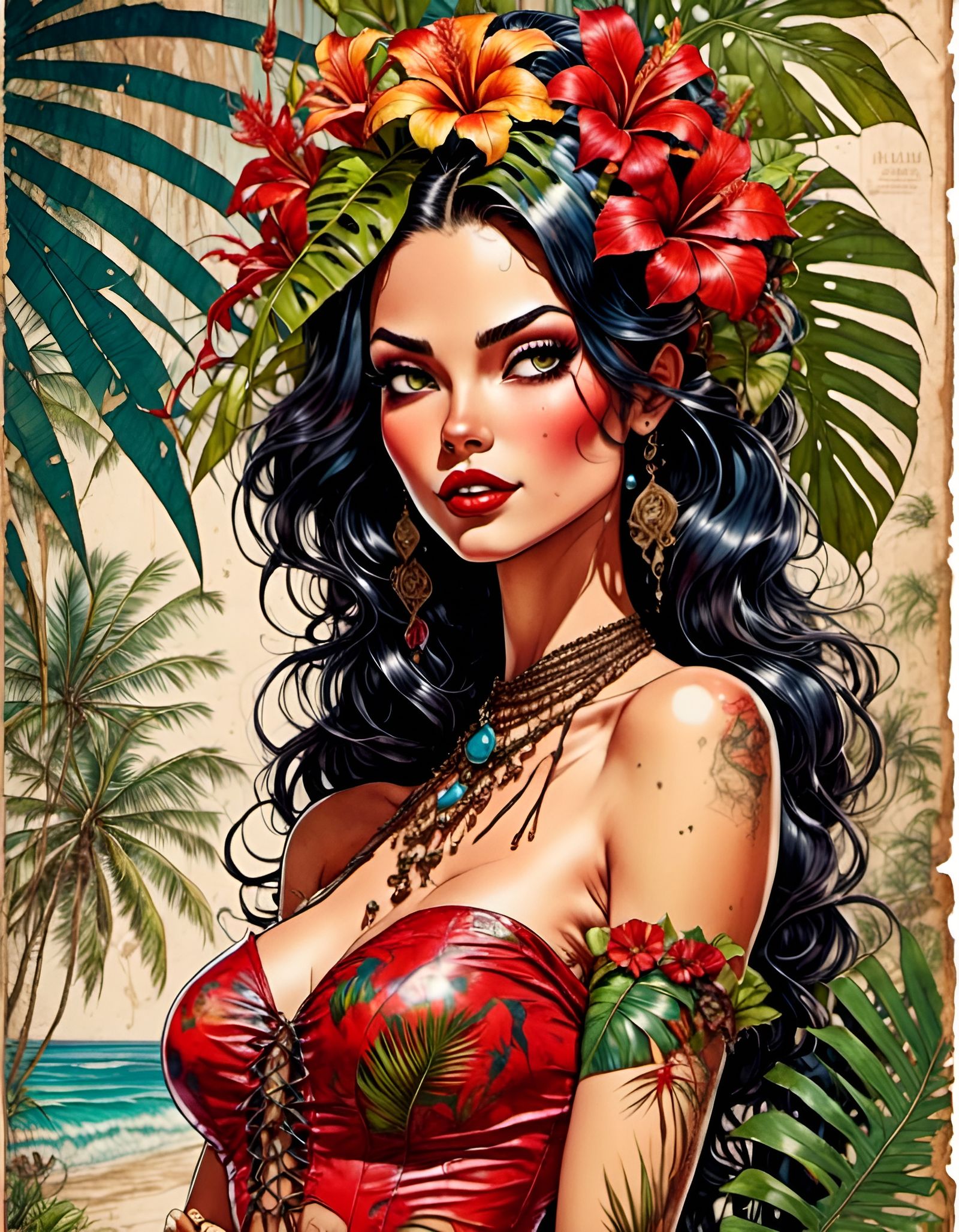 Tropical Hawaiian Girl in Lush Mail Art