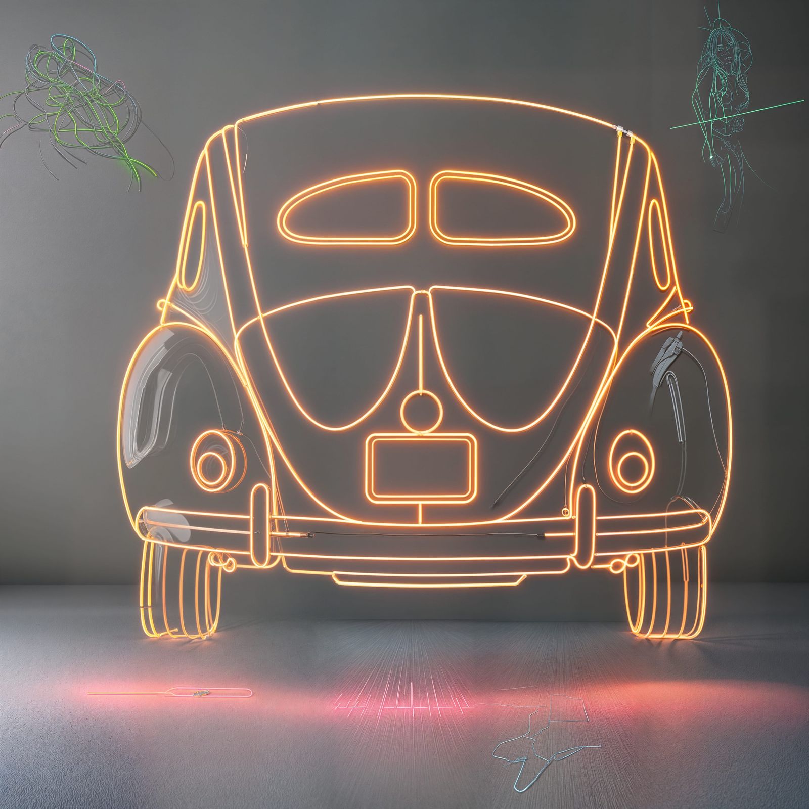 Neon VW Beetle Outline on Transparent Background