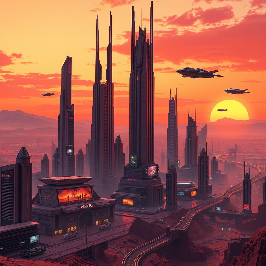 A futuristic cityscape on Mars, with sleek skyscrapers and flying vehicles, all bathed in the warm glow of the setting s...