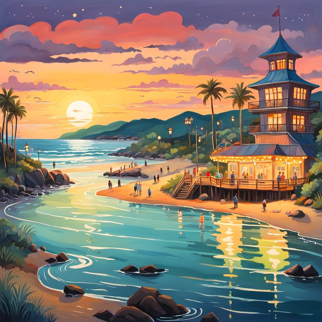 Bioluminescent Shoreline in Whimsical Gouache Painting