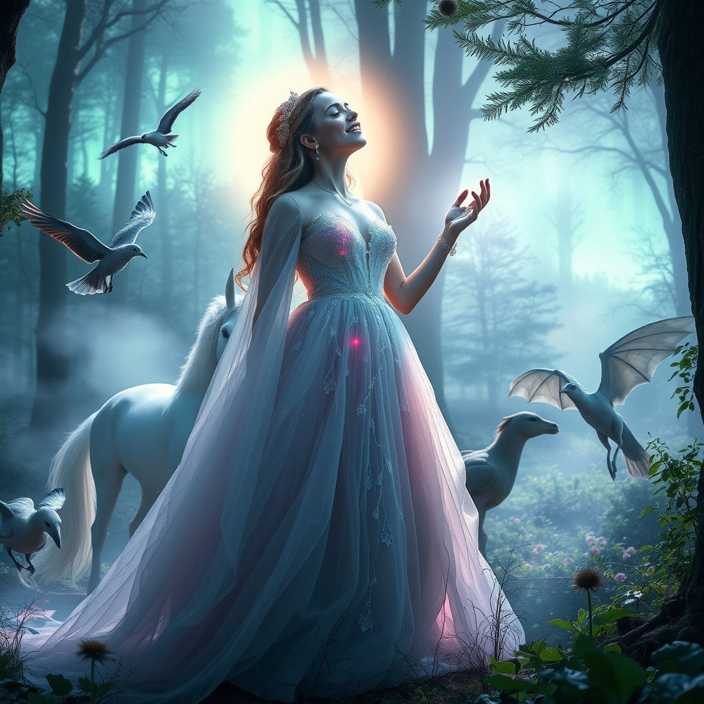 Mystical Forest Singer Under Aurora Borealis